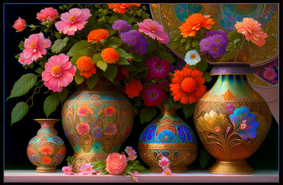 Vibrant still life with ornate vases and colorful flowers