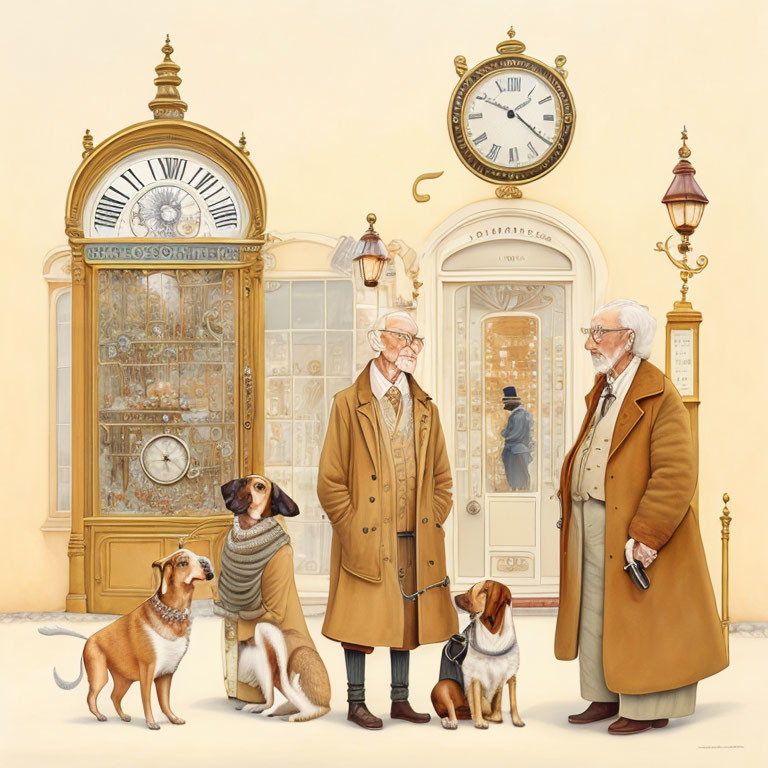 Elderly men with dogs at vintage clock shop