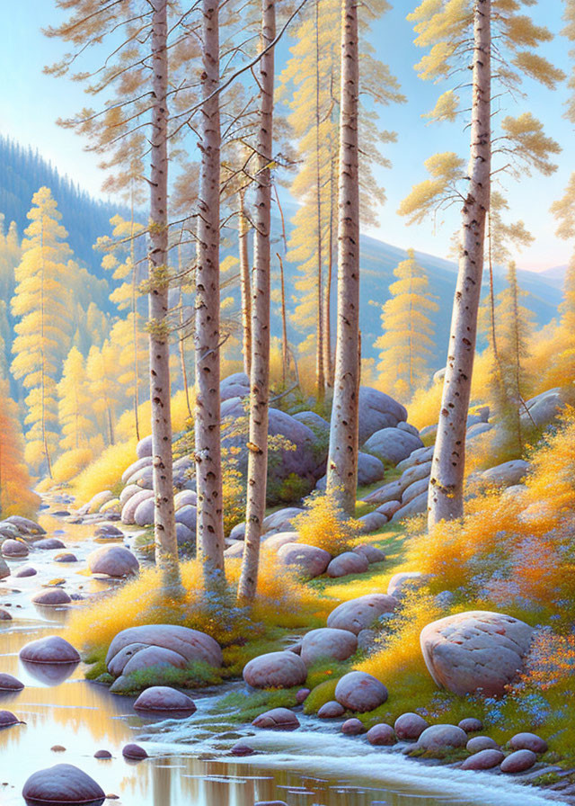 Autumnal river scene with tall trees, smooth rocks, and warm forest light.