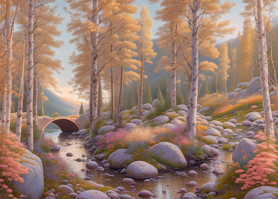 Tranquil landscape with golden trees, stone bridge, boulders, and wildflowers