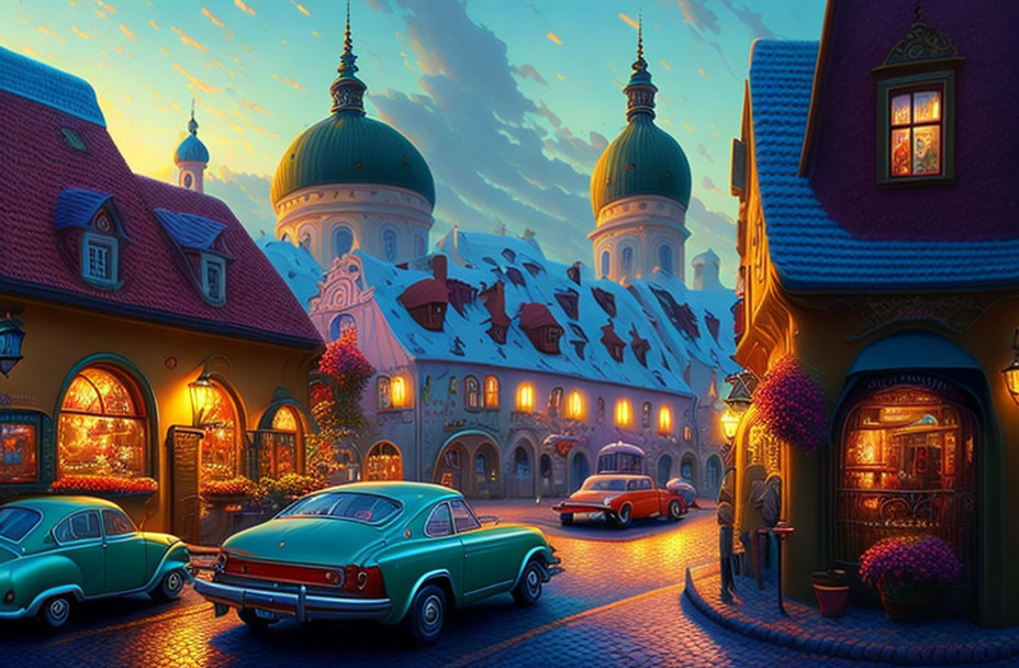 Animated street scene at dusk with snow-capped roofs, warm lights, vintage cars, European architecture