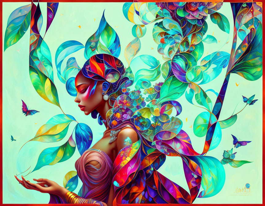 Colorful digital artwork of woman with floral headdress and butterflies.