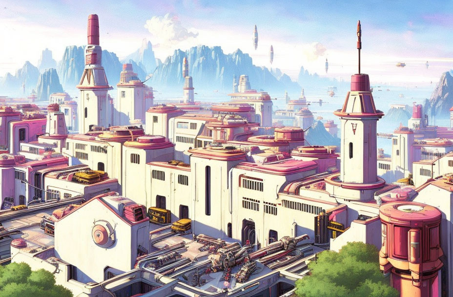 Futuristic cityscape with pink and white buildings, towering spires, and mountain backdrop