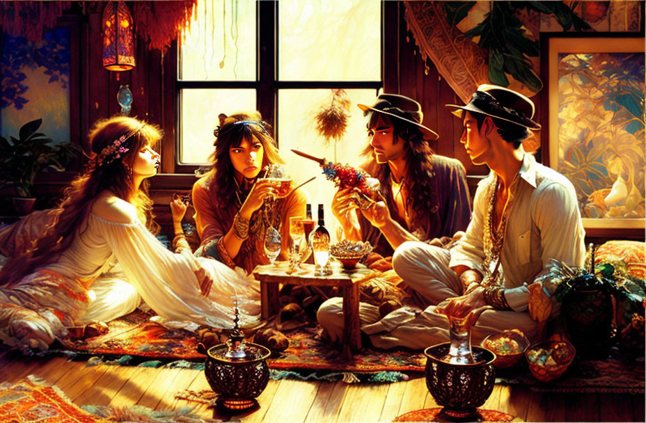 Four individuals in bohemian attire in a sunlit, plant-filled room with fruits and wine.