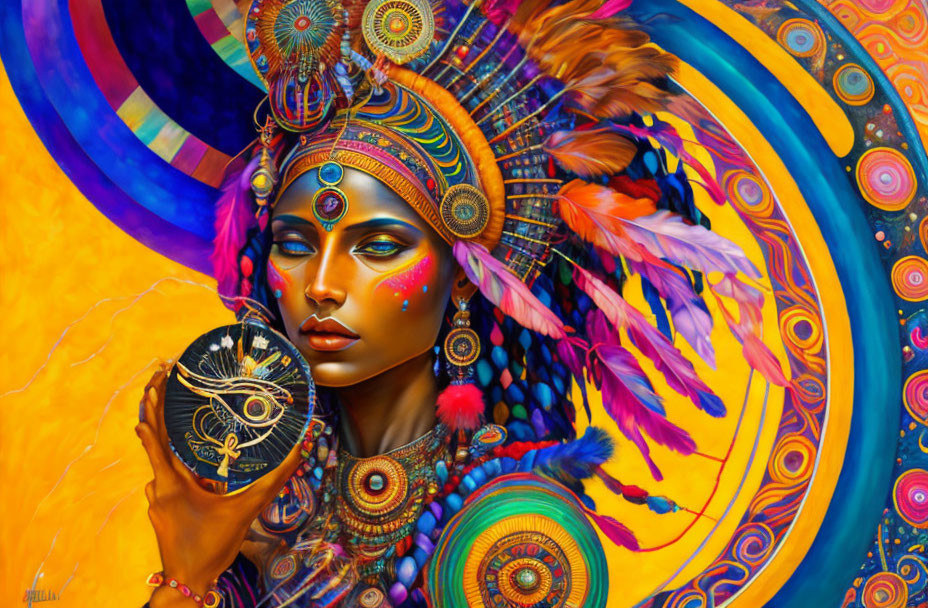 Colorful digital artwork of woman with tribal makeup and headdress holding mystical ornament