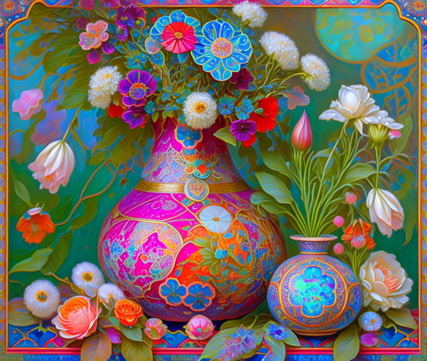 Colorful Floral Still Life with Ornate Vase and Background