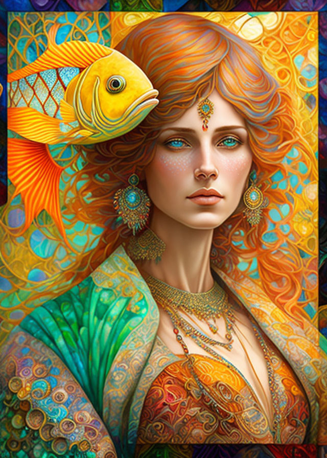 Illustrated woman adorned with ornate jewelry and vibrant fish on colorful background