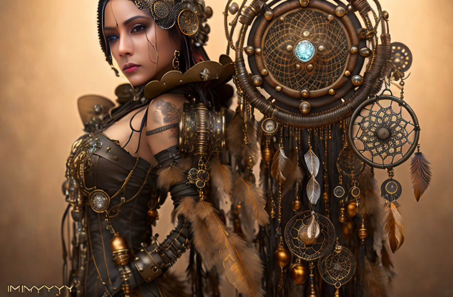 Woman in tribal-inspired steampunk attire with metallic accessories and dreamcatcher background.