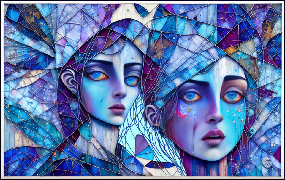 Vibrant digital art: Stylized female faces with intricate patterns in blue palette