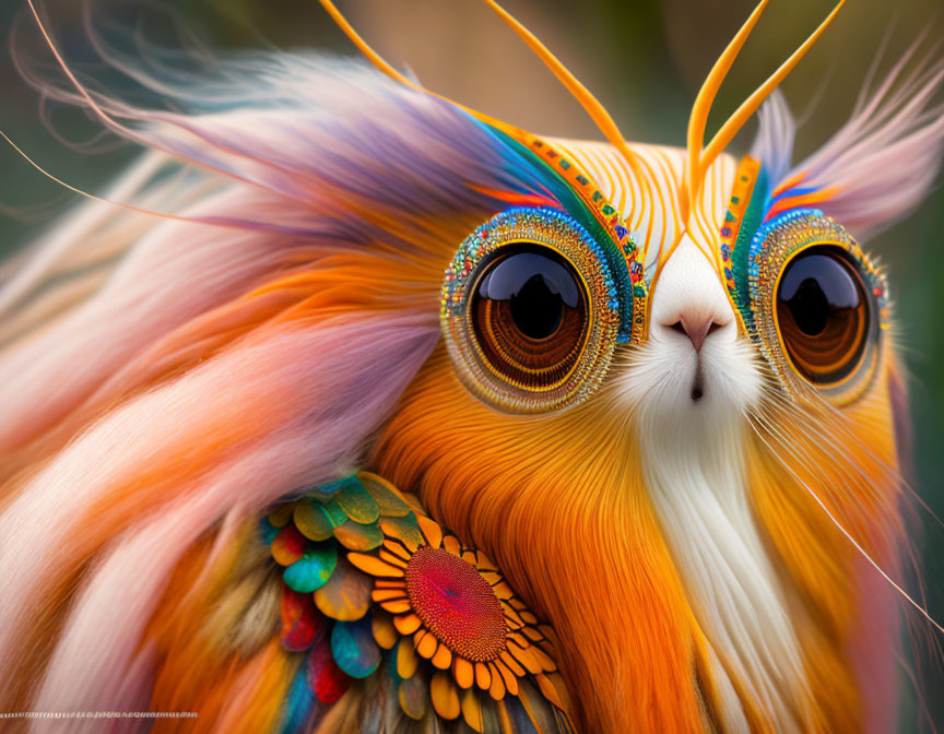 Colorful creature with expressive eyes and intricate feather patterns