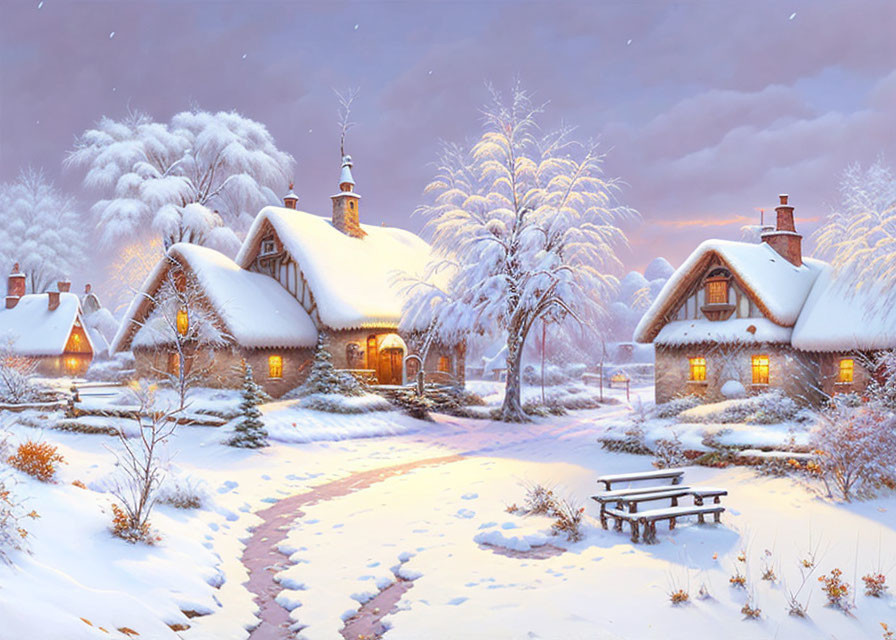 Snow-covered winter village with glowing cottages and falling snowflakes