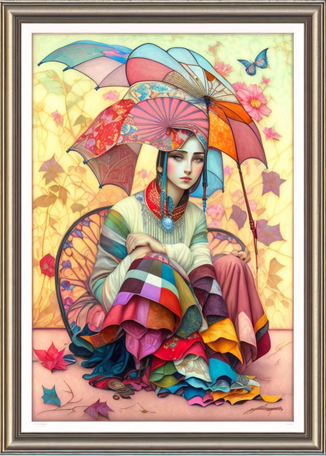 Colorful Stylized Artwork of Woman with Parasol and Butterflies