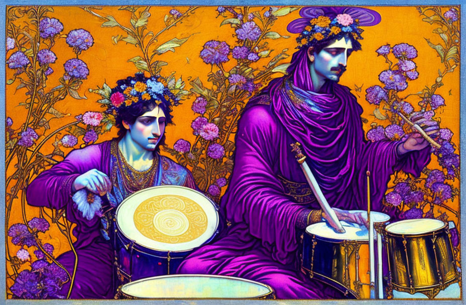 Stylized Greek figures in purple robes with floral backdrop and drum set