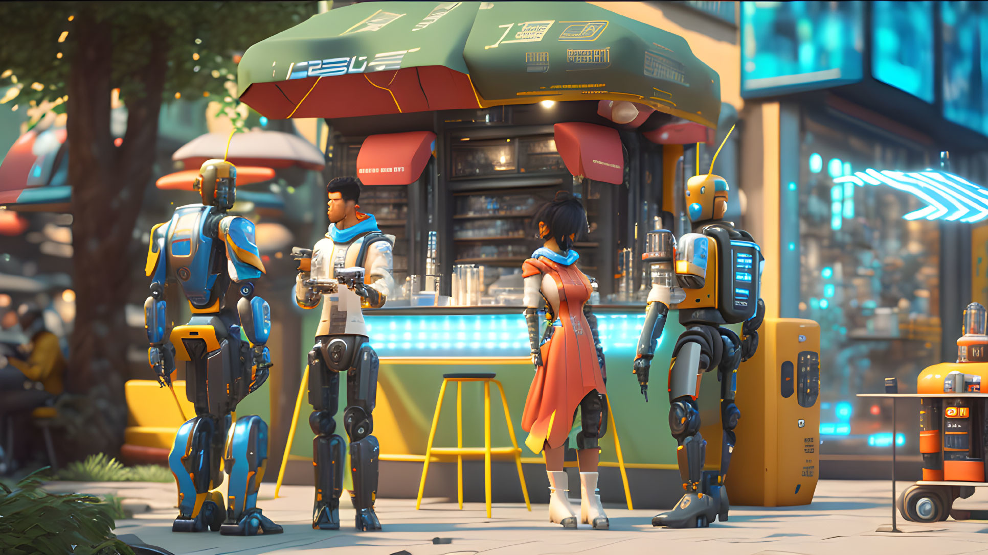 Futuristic urban scene with robots, food stall, man serving woman