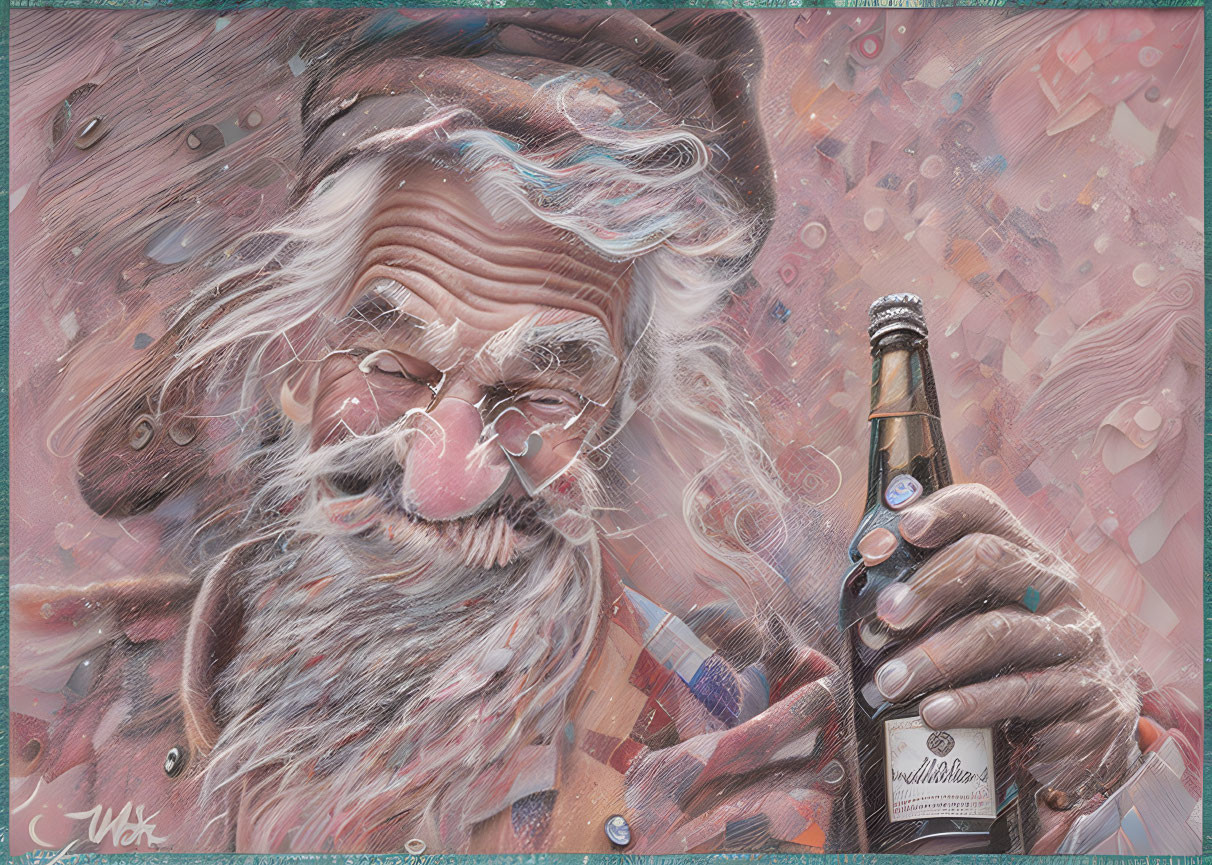 Colorful surreal illustration of elderly man with whimsical beard holding beer bottle surrounded by musical notes.