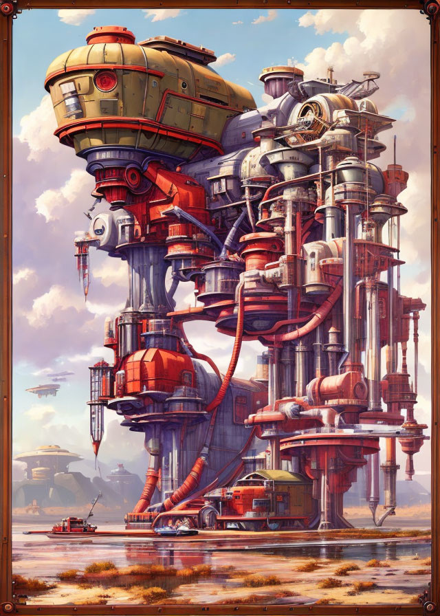Steampunk-style structure with pipes and mechanical parts and airship against cloudy sky