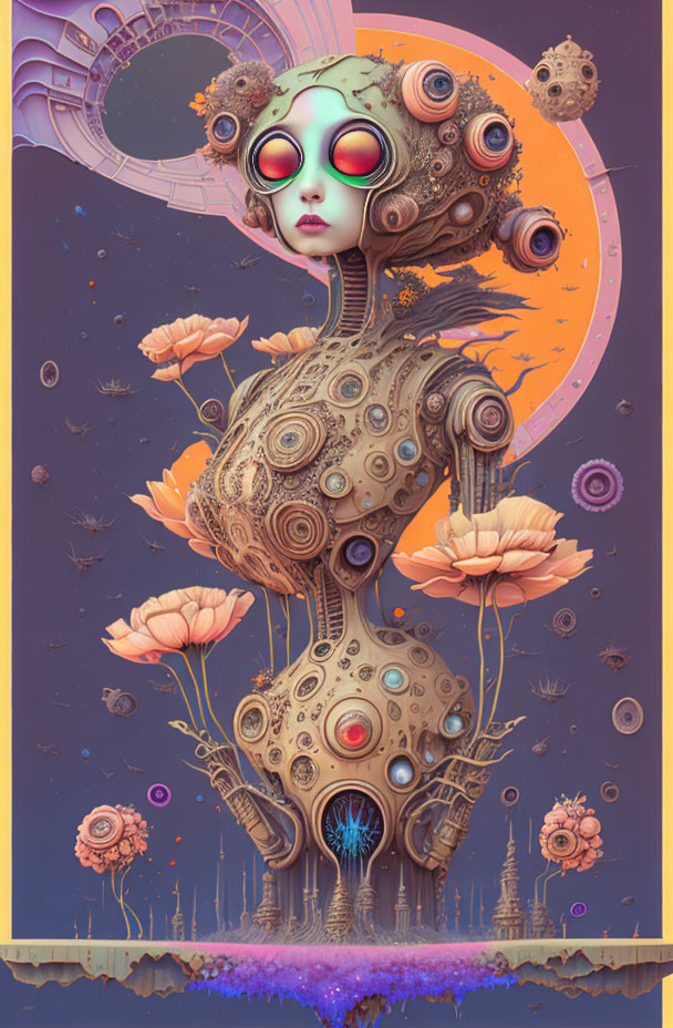 Surreal humanoid robotic figure with floral head in cosmic scene