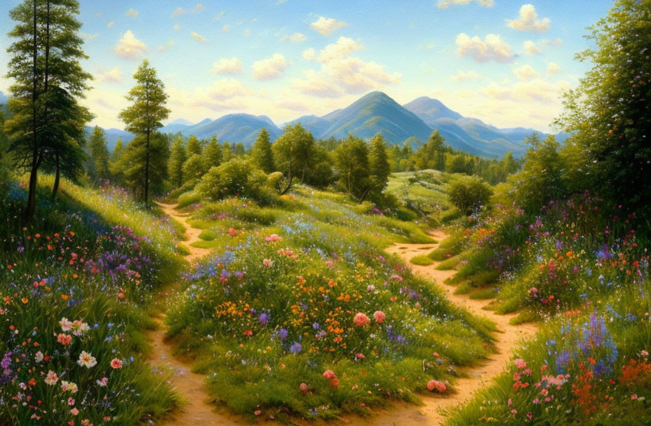 Lush meadow with wildflowers, trees, and misty mountains in a landscape painting