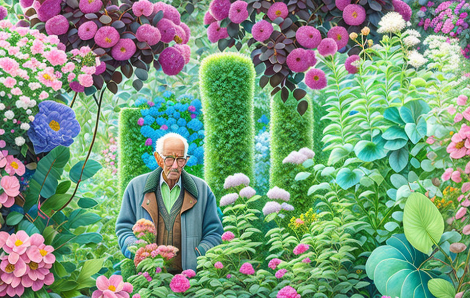 Elderly man in glasses surrounded by vibrant garden flowers