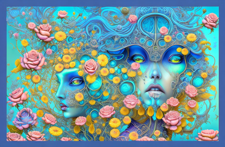 Colorful digital artwork of two surreal faces with floral designs on blue background