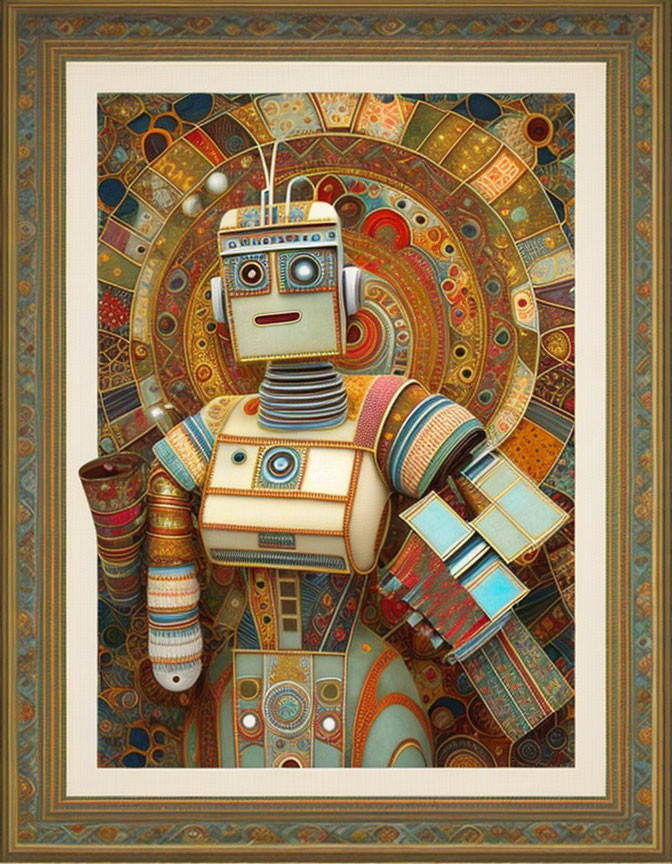 Stylized humanoid robot on ornate earthy background