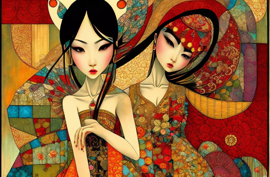 Stylized animated female figures in colorful attire on patterned background