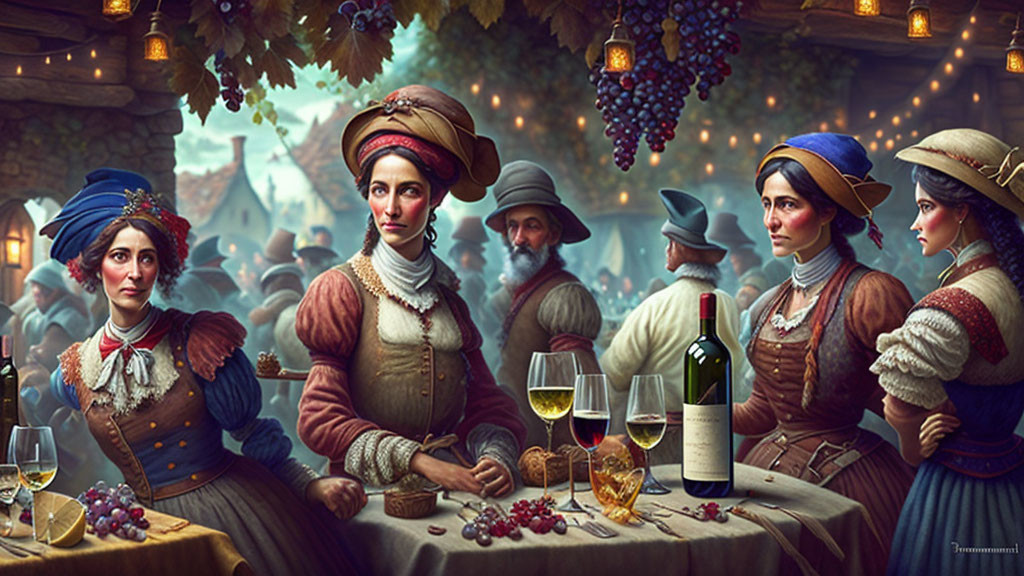 Historical group enjoying grapes and wine in festive setting