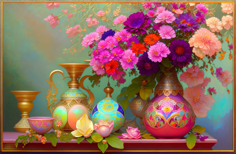 Colorful blooming flowers, ornate eggs, and golden jug in vibrant still life