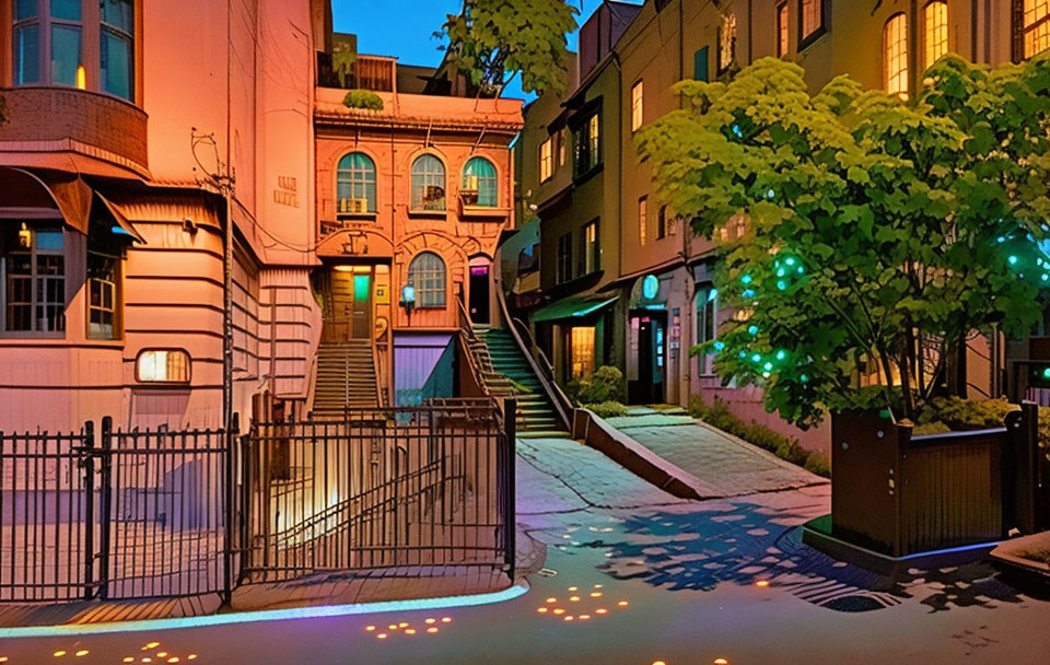 Colorful Twilight Street Scene with Glowing Lights and Tree