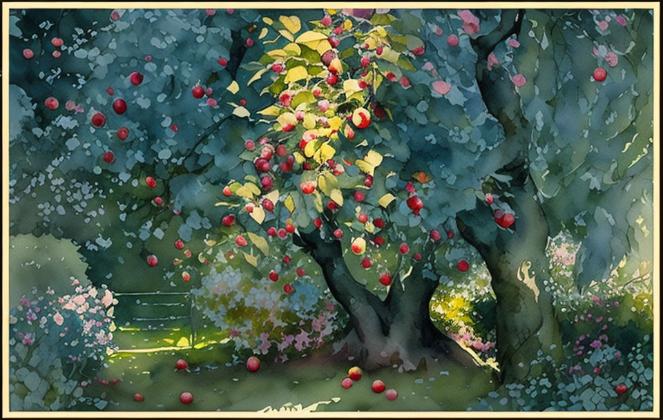 Watercolor painting: Old tree with red apples, wooden bench, dappled light, fallen petals