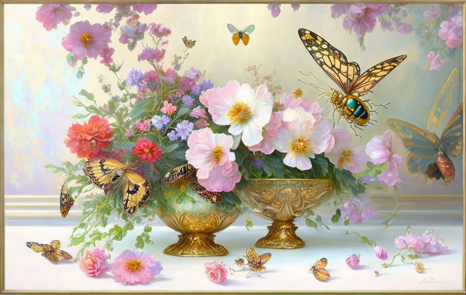 Pink and White Flower Bouquet in Ornate Golden Vases with Butterflies and Bumblebee