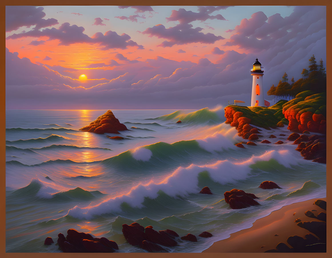 Scenic sunset over ocean with crashing waves near lighthouse