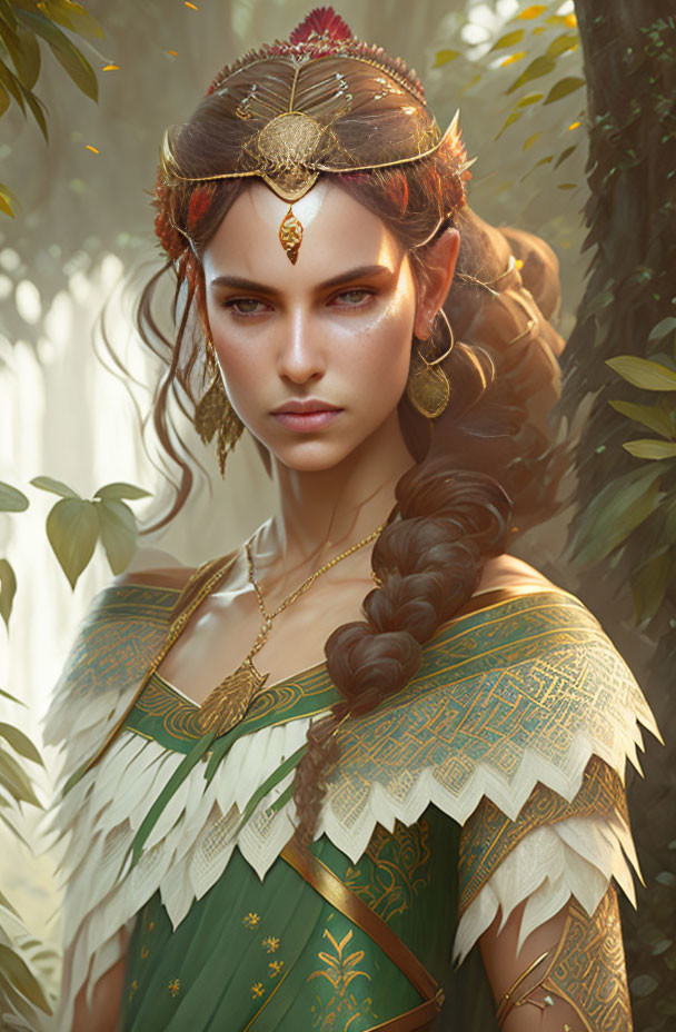 Fantasy-themed portrait of a woman in green and gold attire with braided hair