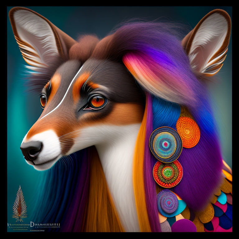 Vibrant digital art: Stylized fox portrait with colorful fur & cheek patterns