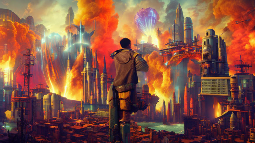 Dramatic futuristic cityscape with towering buildings engulfed in flames