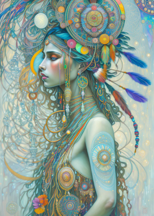 Illustrated woman with ornate headdress and jewelry in dreamy pastel backdrop