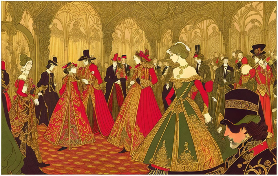 Opulent Victorian-Era Ball Illustration in Grand Hall