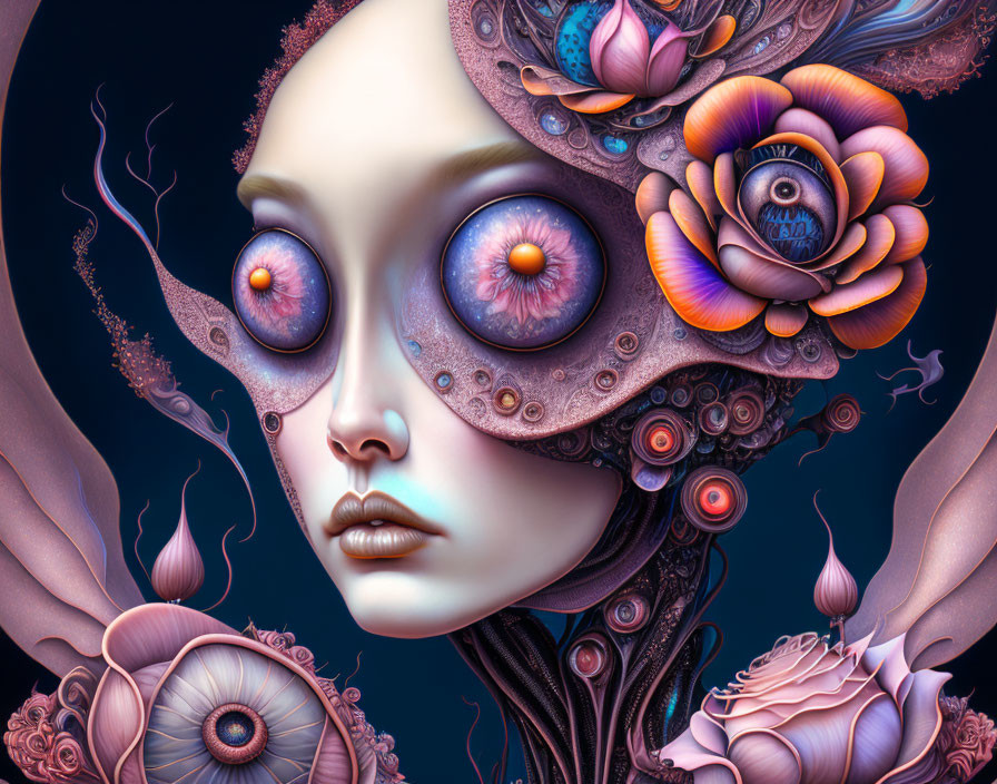 Surreal portrait of female figure with large, hypnotic eyes and floral designs