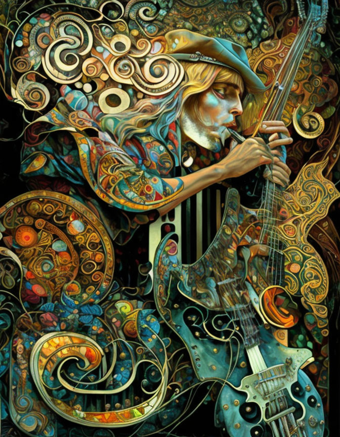 Colorful image of person playing guitar surrounded by ornate patterns in earthy tones