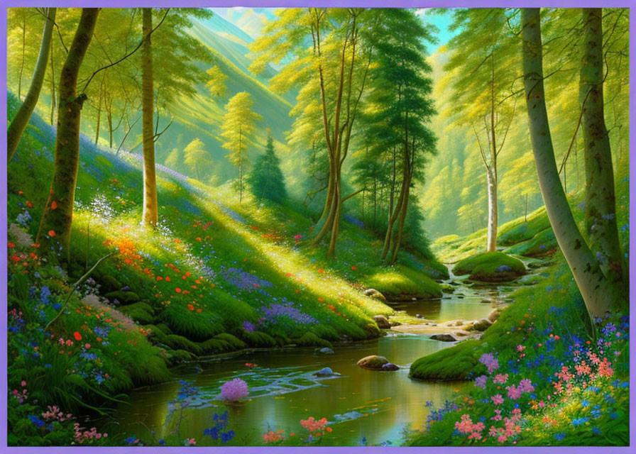 Tranquil forest scene with stream, sunbeams, wildflowers, and lush foliage