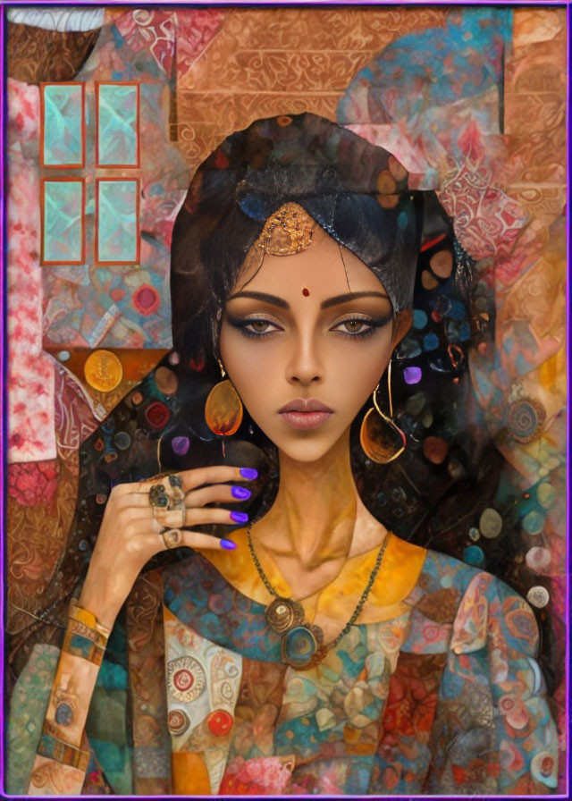 Digital artwork: Woman with ethnic jewelry on colorful backdrop