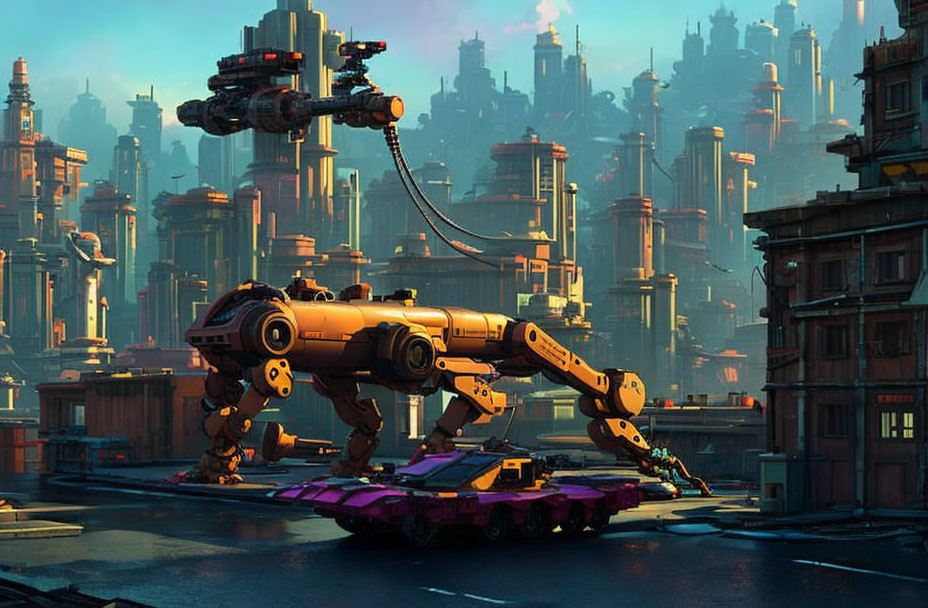 Advanced robotics in futuristic cityscape with large quadrupedal robot.