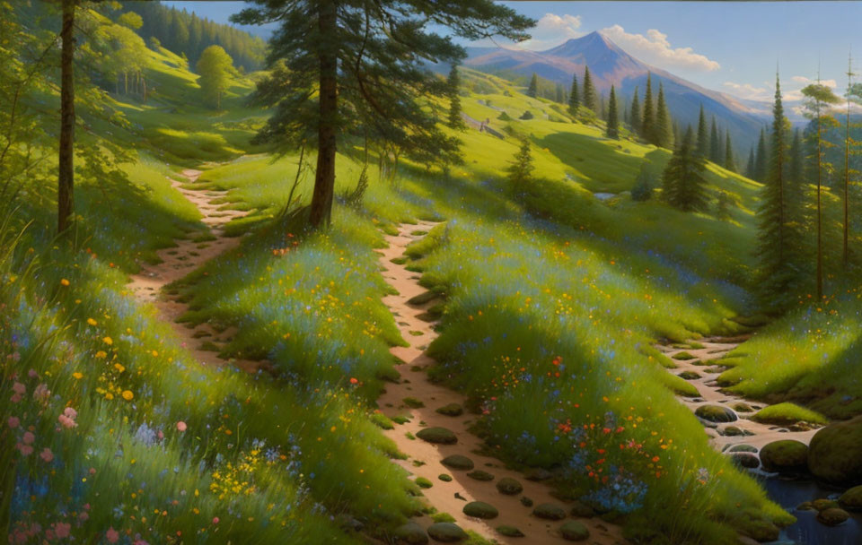 Tranquil landscape with winding path, flowers, pine trees, and mountain