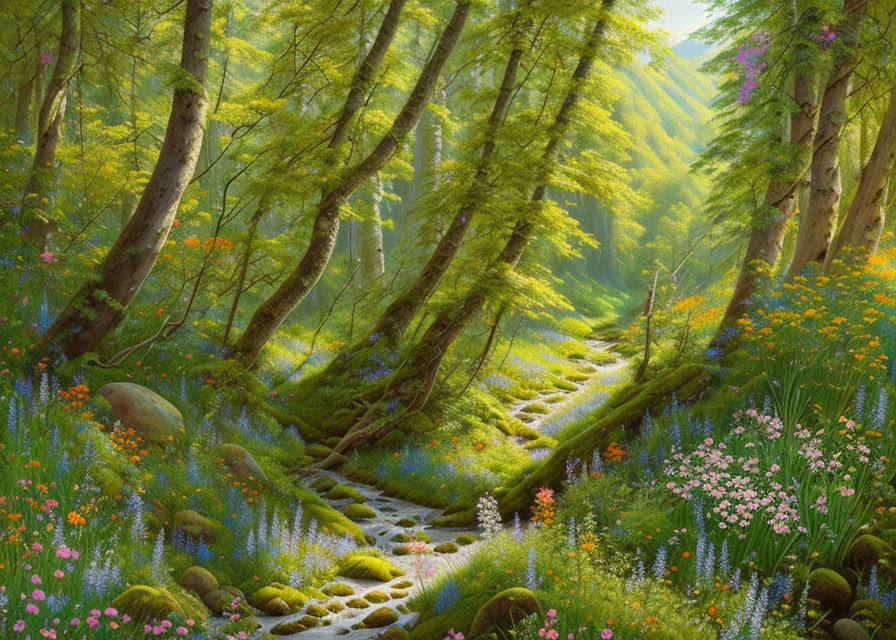 Tranquil Forest Stream with Sunbeams and Wildflowers