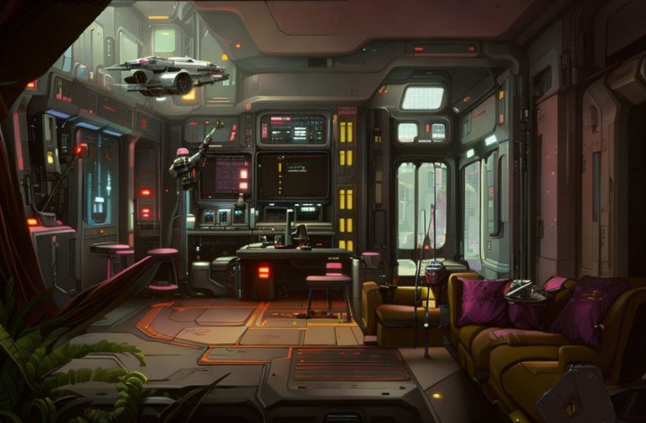 Futuristic spaceship interior with control dashboard, hovering robot, seating, and craft view