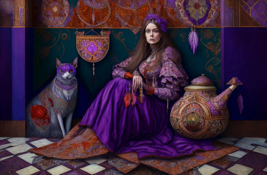 Regal woman in purple dress with cat against ornate backdrop