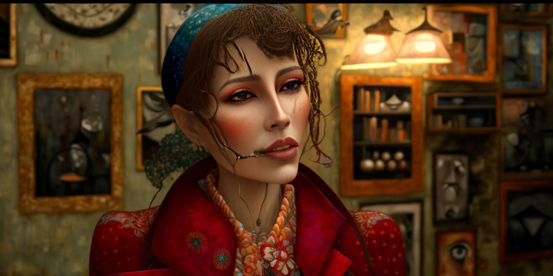 Digital Art Portrait of Woman with Elfin Features in Blue Headscarf and Red Garment on Vintage