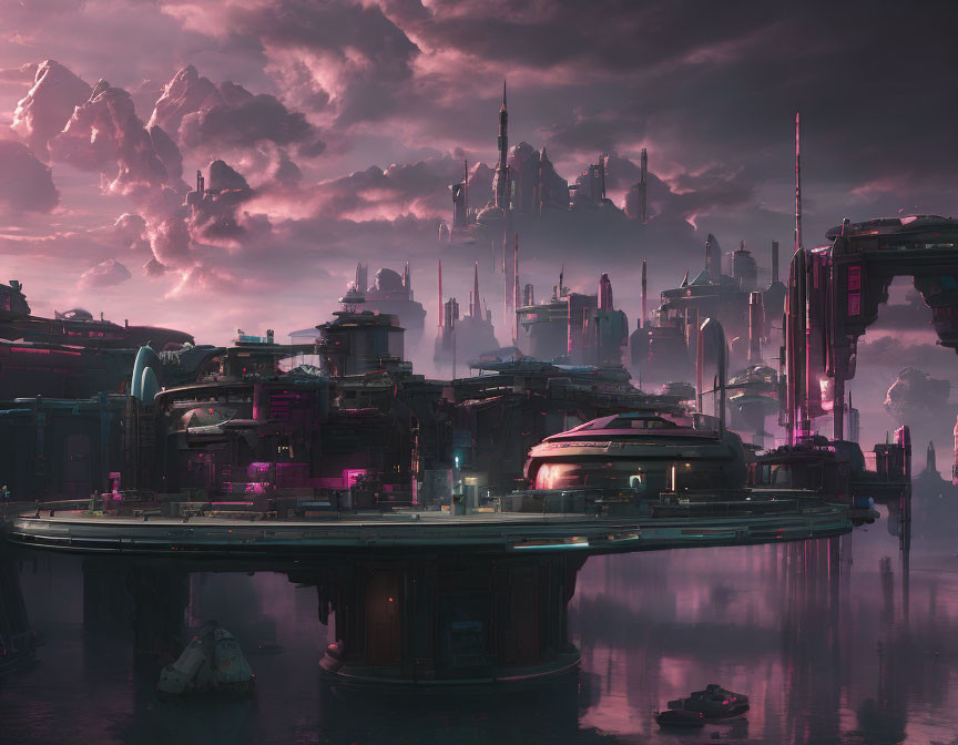 Futuristic cityscape with towering skyscrapers and neon-lit architecture reflected on water at dusk