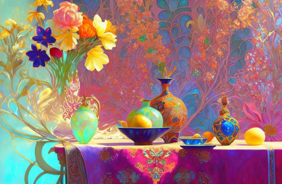 Colorful Still-Life Painting with Flowers, Vases, and Fruit