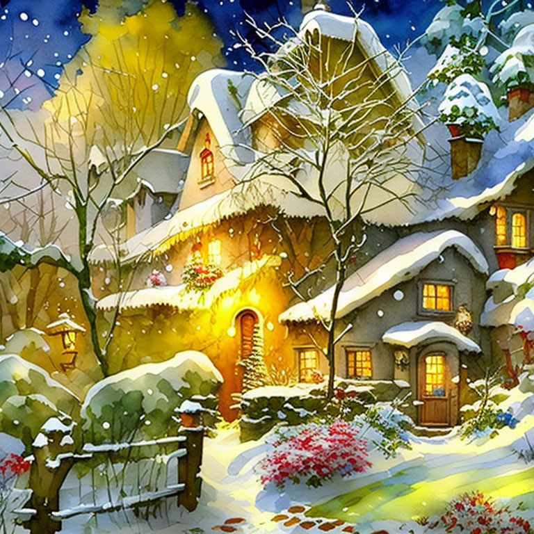 Winter night scene: snow-covered cottages, glowing windows, snow-laden trees, starry sky